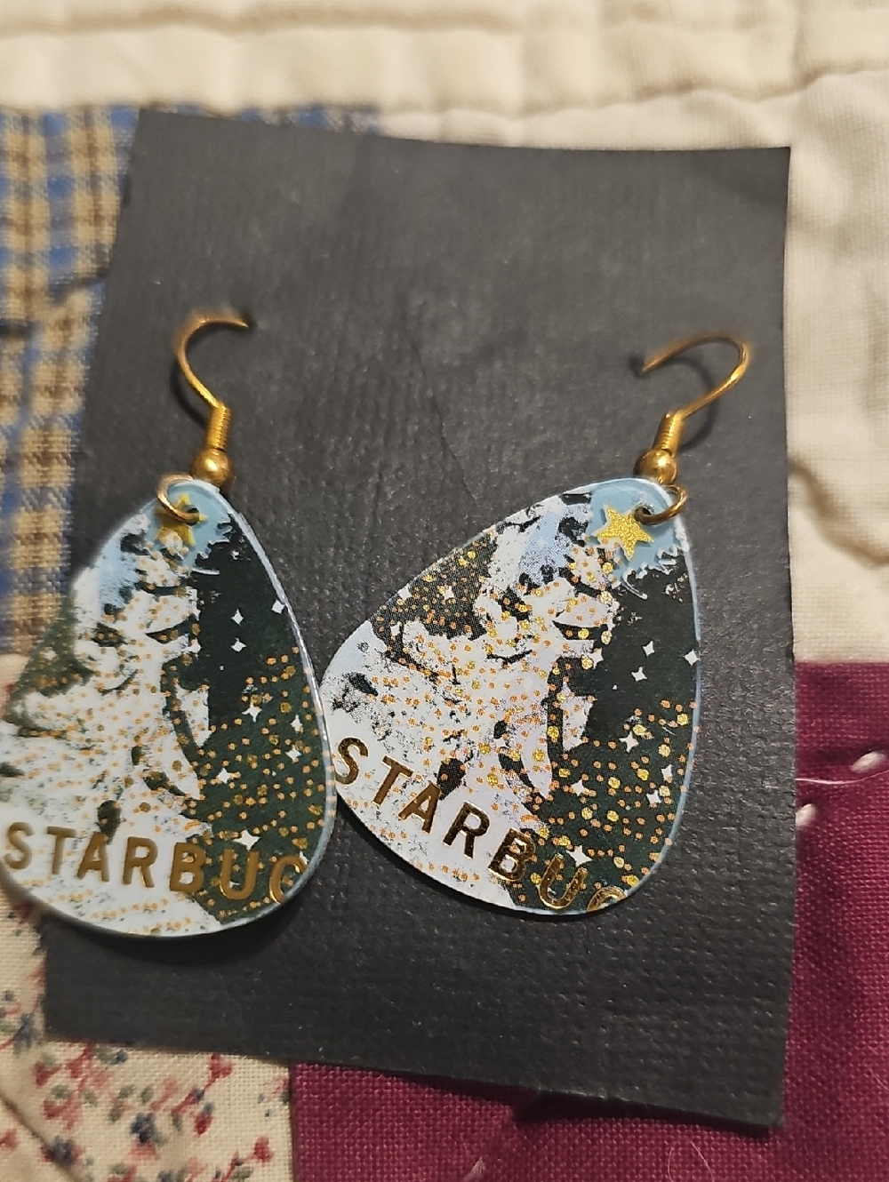 Starbucks Light Blue, Dark Green & Gold Teardrop Earrings